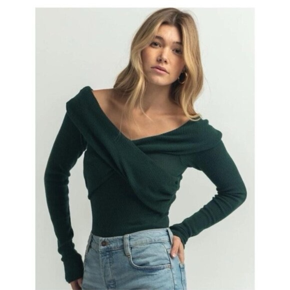 RARE FREE PEOPLE Marley Top NWT Green Off Shoulder Fitted Knit S